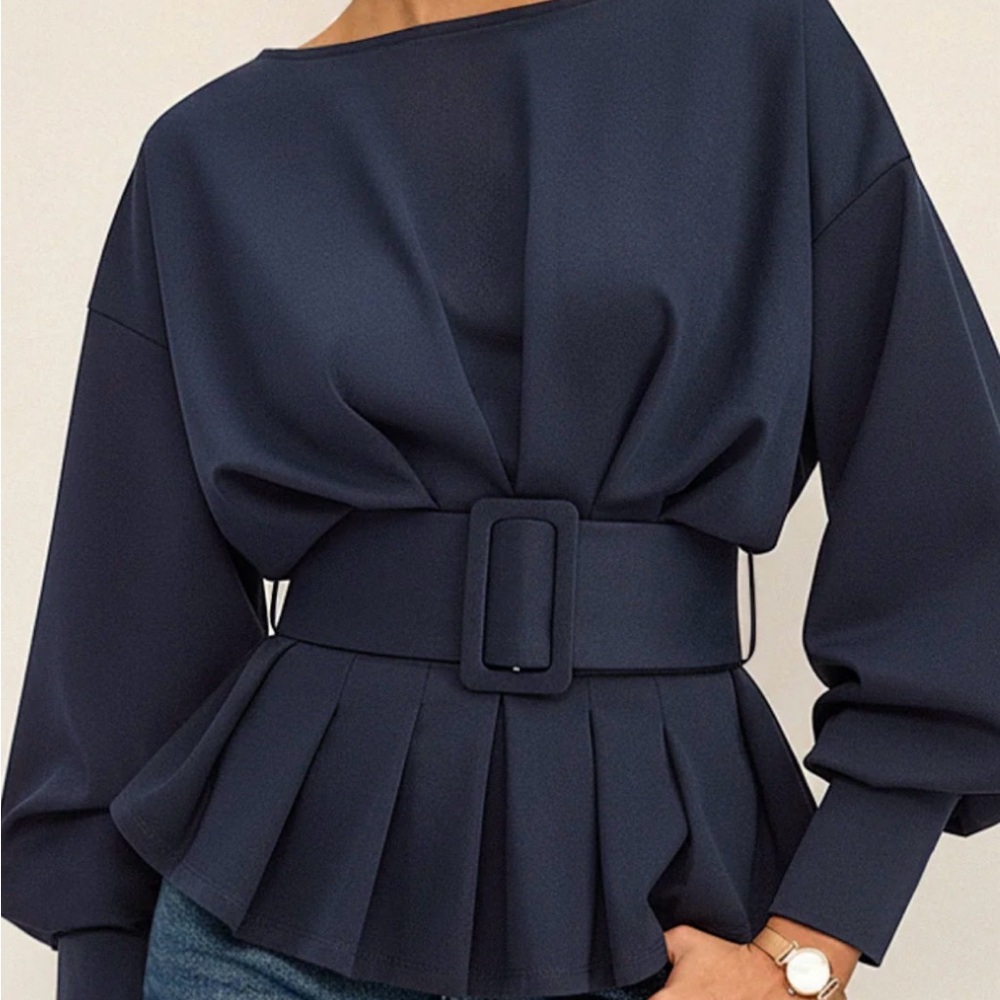 Commense Navy Blue Belted Women's Blouse